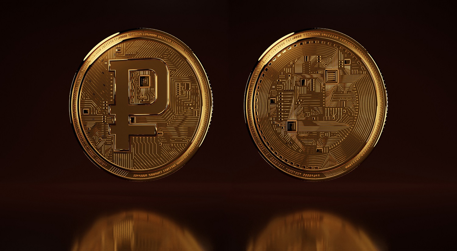 Two golden coins intended to represent the Russian digital ruble.