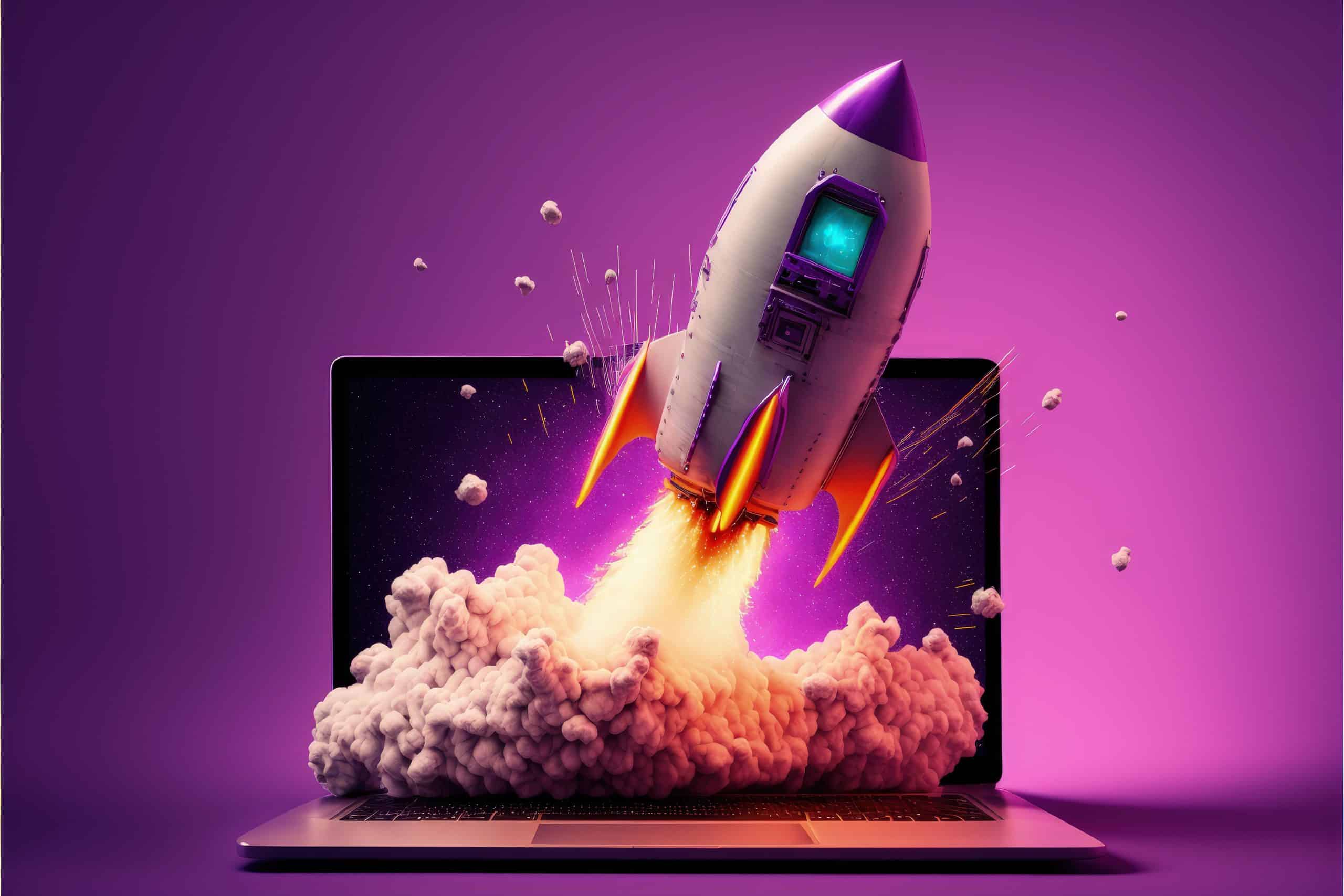 Rocket taking off from laptop screen on purple background, startup concept, Generative AI