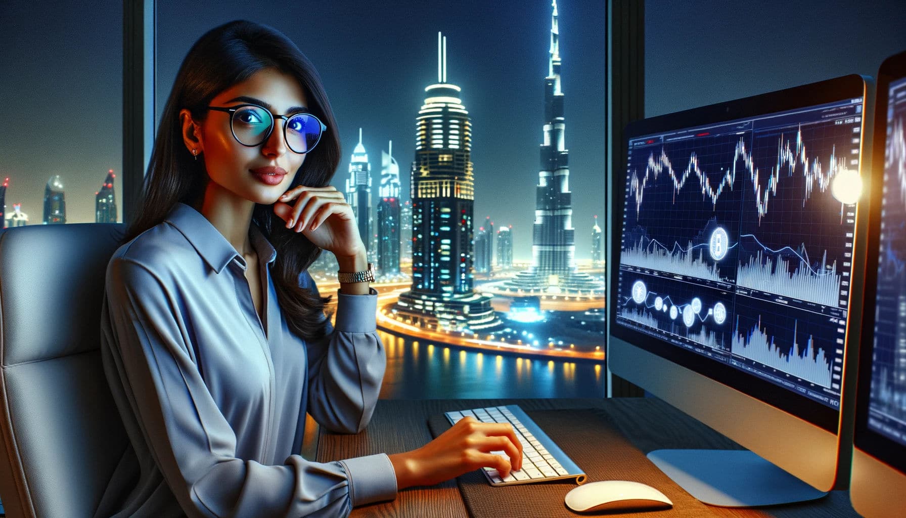 A female data analyst sitting at her desk with the backdrop of a night city skyline.
