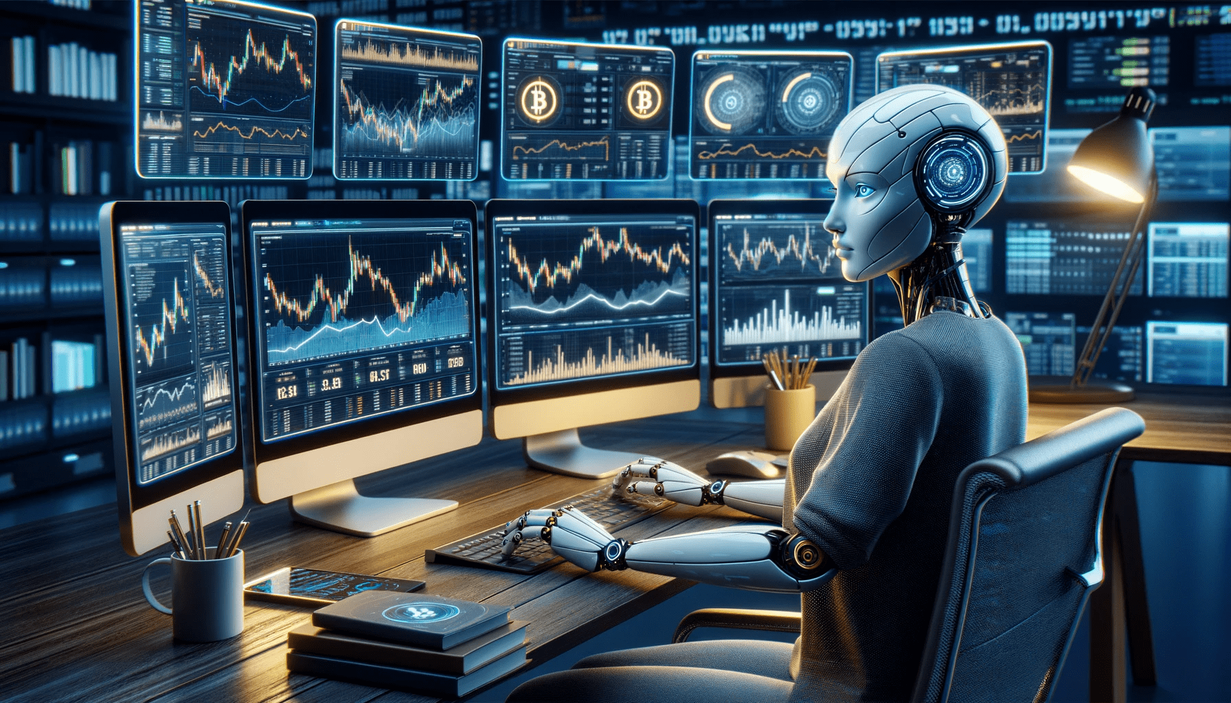 AI in human form working on crypto price predictions.