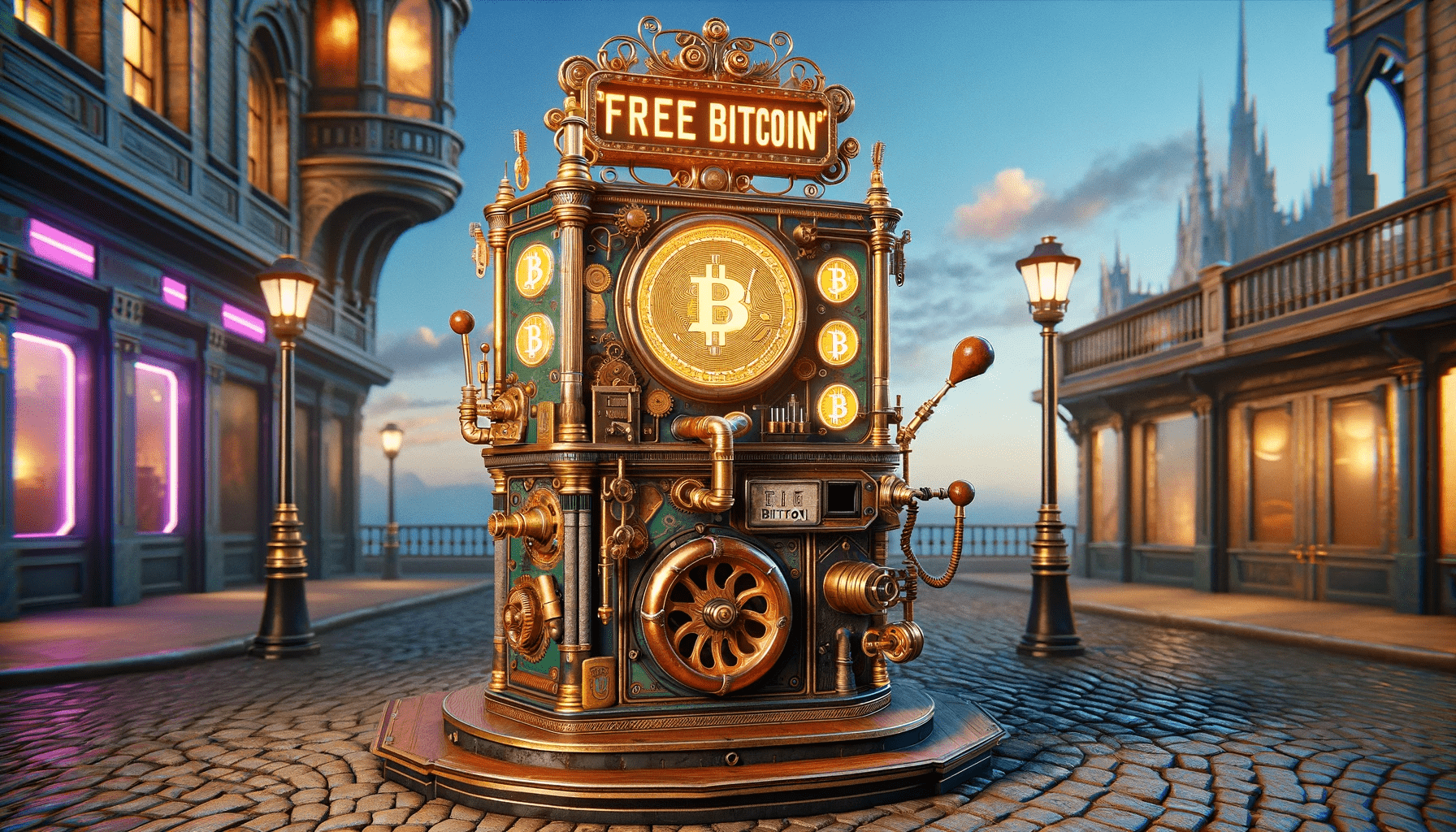 Free Bitcoin machine that allows users to earn Bitcoin easil, in the style of Bioshock Infinite.
