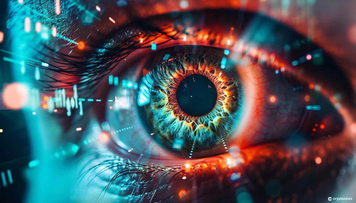 Close-up digital illustration of a human eye with futuristic biometric scanning graphics, symbolizing Worldcoin's biometric data collection, amidst scrutiny by CNPD in Portugal.