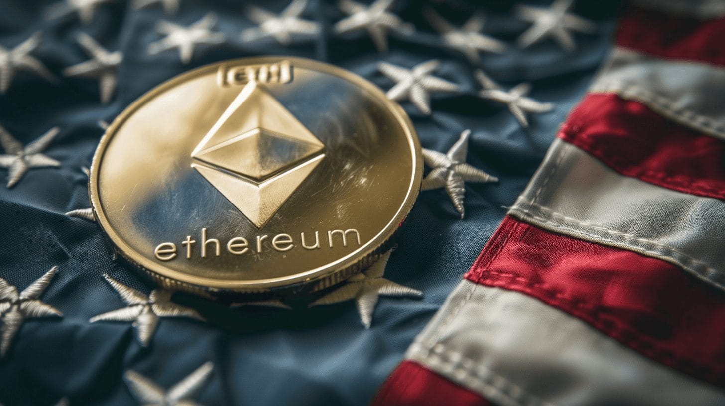 A golden Ethereum coin prominently displayed on an American flag, symbolizing the discussion of 'ethereum as a security' in the context of regulatory and financial frameworks.