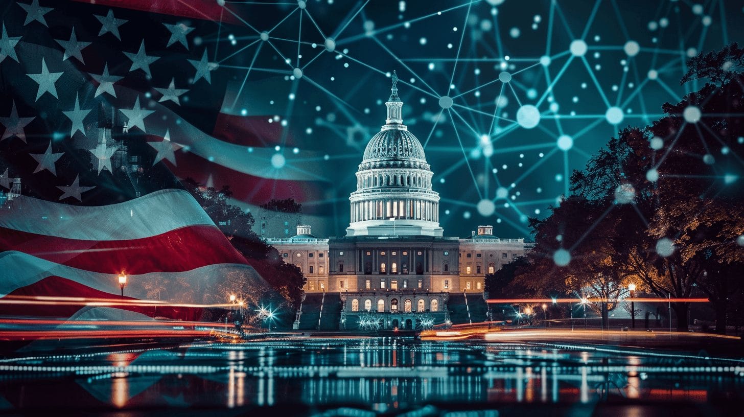 The United States Capitol at night overlaid with a network grid representing the digital scrutiny of Hezbollah crypto funding activities.
