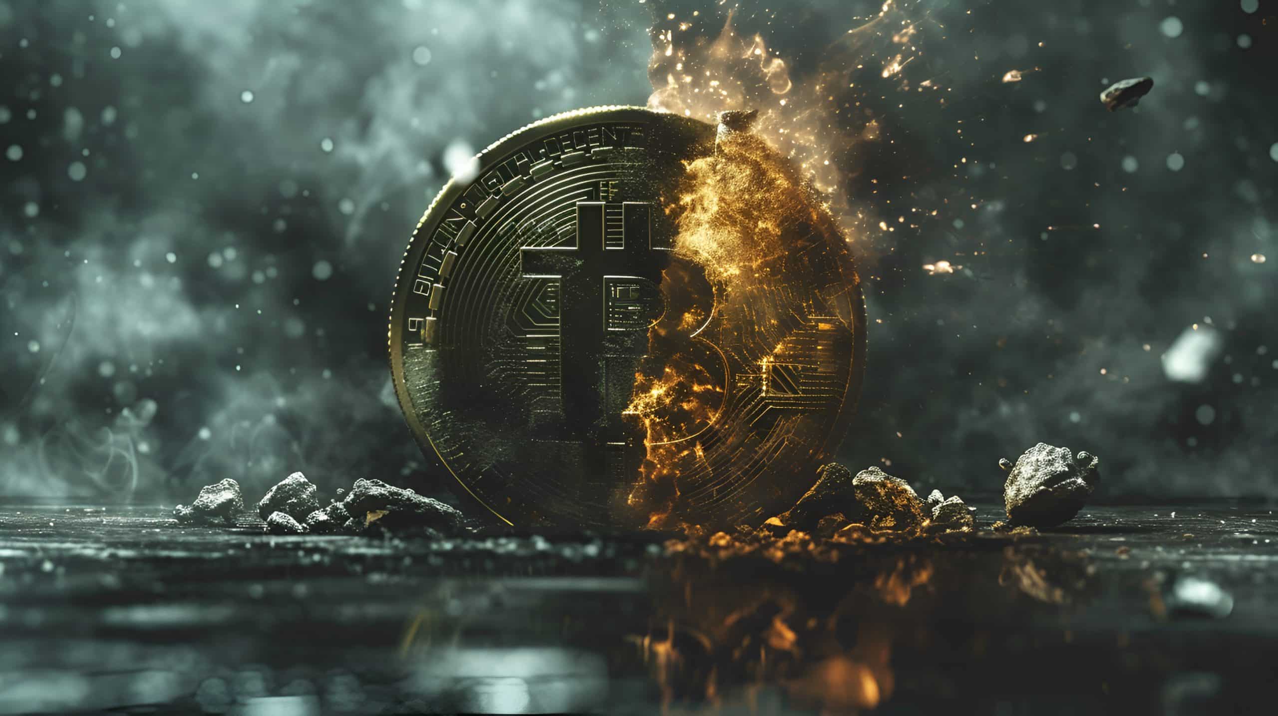 A physical bitcoin coin engulfed in flames, symbolizing the volatility and uncertainty surrounding the upcoming bitcoin halving event.