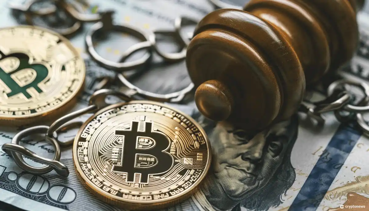Ace Exchange founder indicted in $10.7M crypto fraud case. The image shows a gavel and bitcoins, representing the charges against David Pan in the alleged fraud.